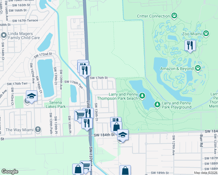 map of restaurants, bars, coffee shops, grocery stores, and more near 17642 Southwest 134th Court in Miami