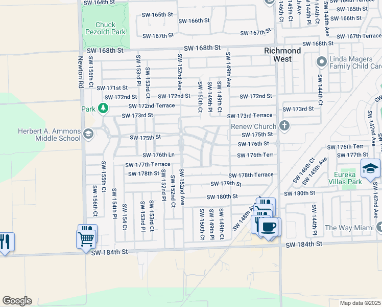 map of restaurants, bars, coffee shops, grocery stores, and more near 15146 Southwest 176th Street in Miami