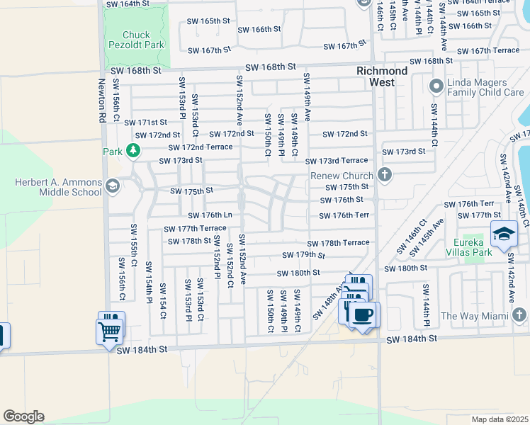 map of restaurants, bars, coffee shops, grocery stores, and more near 17611 Southwest 150th Court in Miami