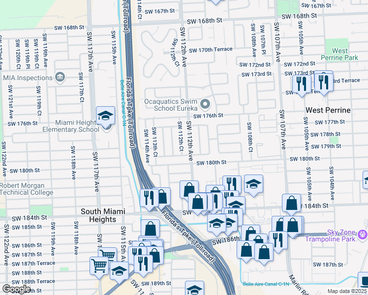 map of restaurants, bars, coffee shops, grocery stores, and more near 17845 Southwest 112th Court in Miami