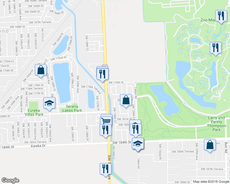 map of restaurants, bars, coffee shops, grocery stores, and more near 17646 Southwest 135th Avenue in Miami