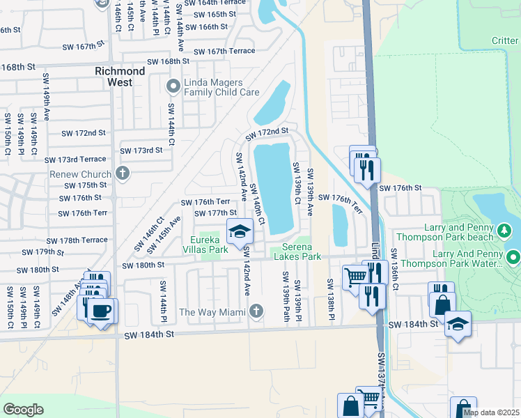 map of restaurants, bars, coffee shops, grocery stores, and more near 17689 Southwest 140th Court in Miami