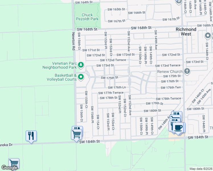 map of restaurants, bars, coffee shops, grocery stores, and more near 15393 Southwest 176th Terrace in Miami