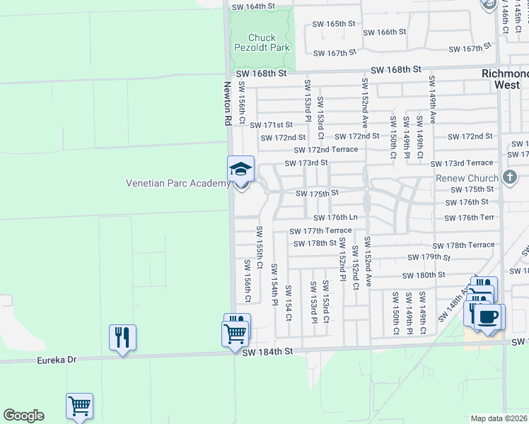 map of restaurants, bars, coffee shops, grocery stores, and more near 17610 Southwest 154th Place in Miami