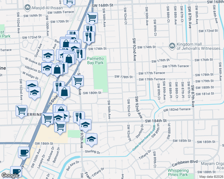 map of restaurants, bars, coffee shops, grocery stores, and more near 9395 Southwest 179th Terrace in Palmetto Bay