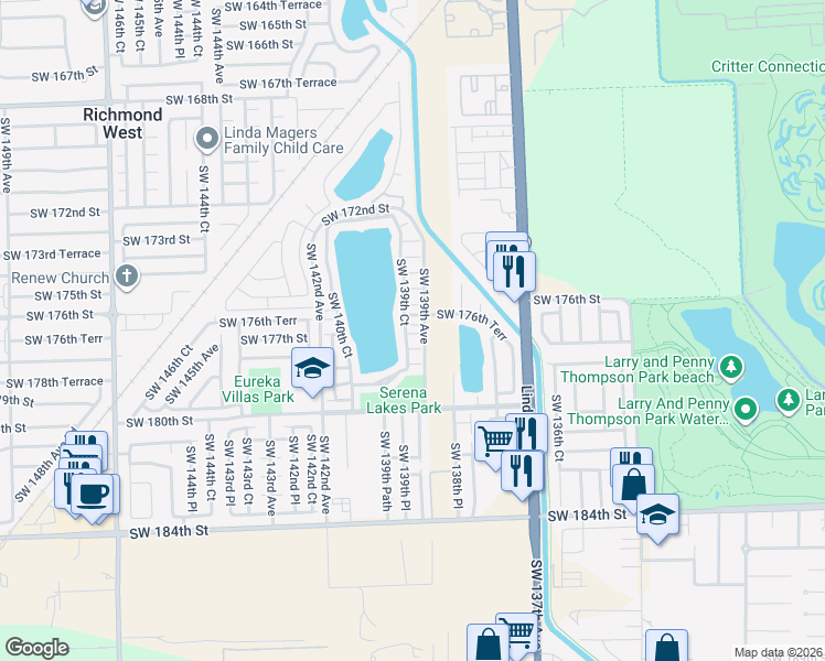 map of restaurants, bars, coffee shops, grocery stores, and more near 13905 Southwest 176th Lane in Miami