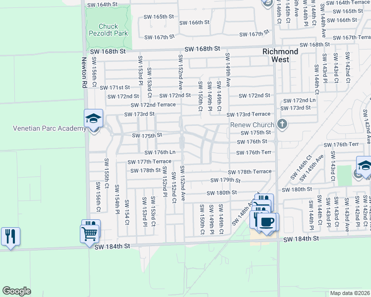 map of restaurants, bars, coffee shops, grocery stores, and more near 15146 Southwest 176th Street in Miami