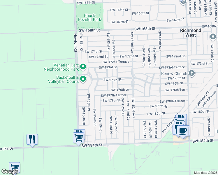 map of restaurants, bars, coffee shops, grocery stores, and more near 15393 Southwest 176th Terrace in Miami