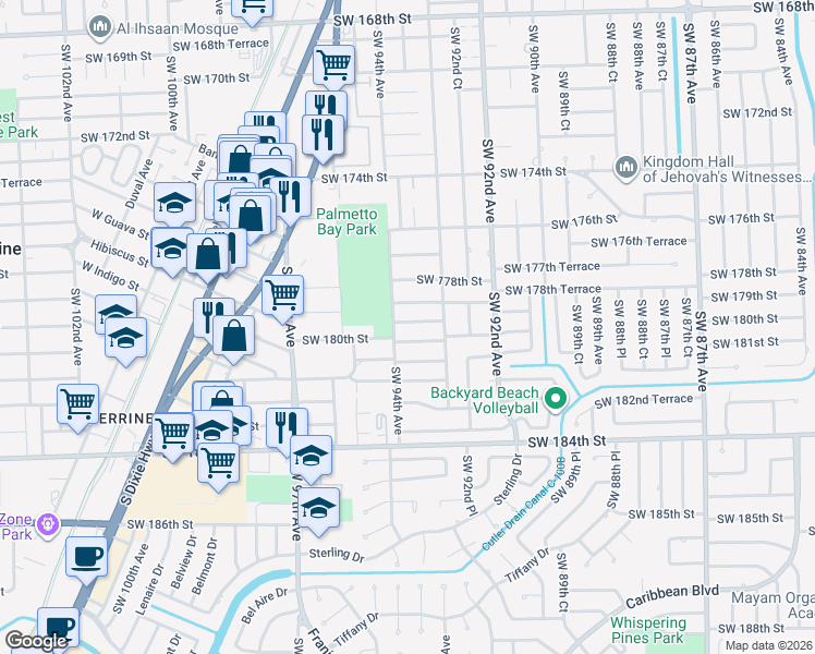 map of restaurants, bars, coffee shops, grocery stores, and more near 9395 Southwest 179th Terrace in Palmetto Bay