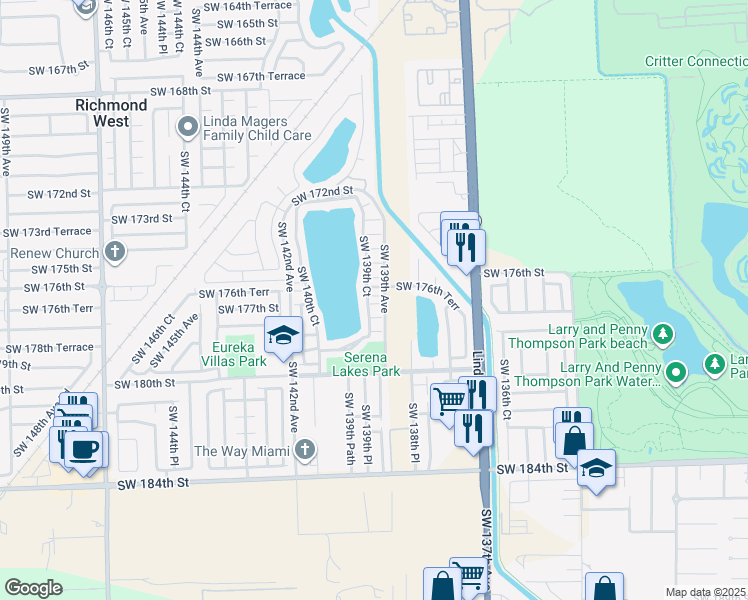 map of restaurants, bars, coffee shops, grocery stores, and more near 13905 Southwest 176th Lane in Miami