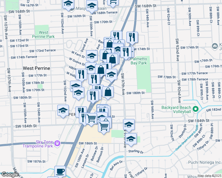 map of restaurants, bars, coffee shops, grocery stores, and more near 9823 Hibiscus Street in Palmetto Bay