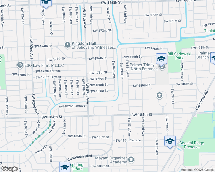 map of restaurants, bars, coffee shops, grocery stores, and more near 8461 Southwest 180th Street in Palmetto Bay