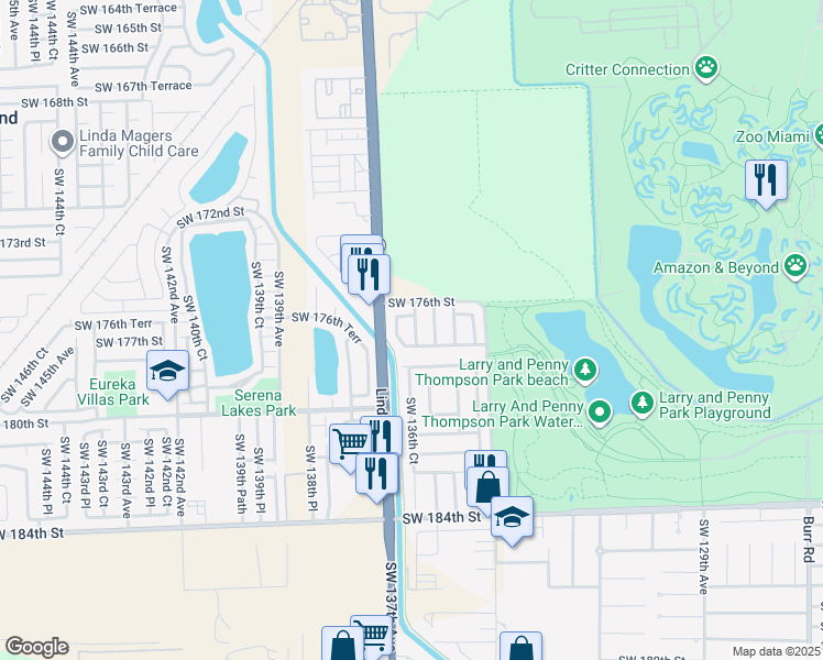 map of restaurants, bars, coffee shops, grocery stores, and more near 17646 Southwest 135th Avenue in Miami