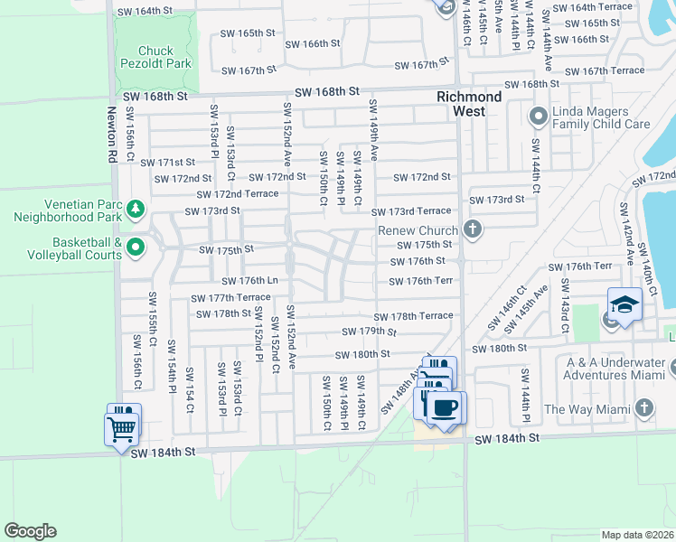 map of restaurants, bars, coffee shops, grocery stores, and more near 17611 Southwest 150th Court in Miami