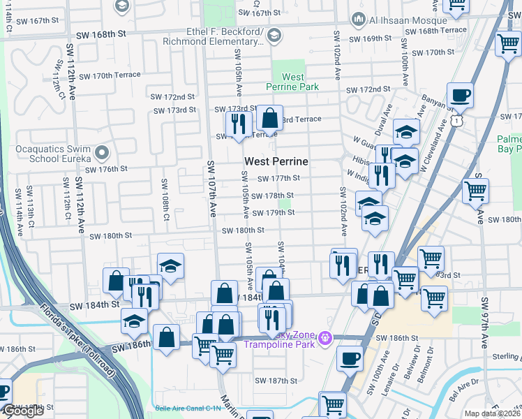 map of restaurants, bars, coffee shops, grocery stores, and more near 17825 Southwest 105th Avenue in Miami