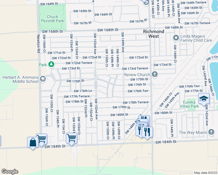 map of restaurants, bars, coffee shops, grocery stores, and more near 17635 Southwest 150th Court in Miami