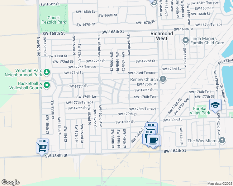map of restaurants, bars, coffee shops, grocery stores, and more near 17611 Southwest 150th Court in Miami