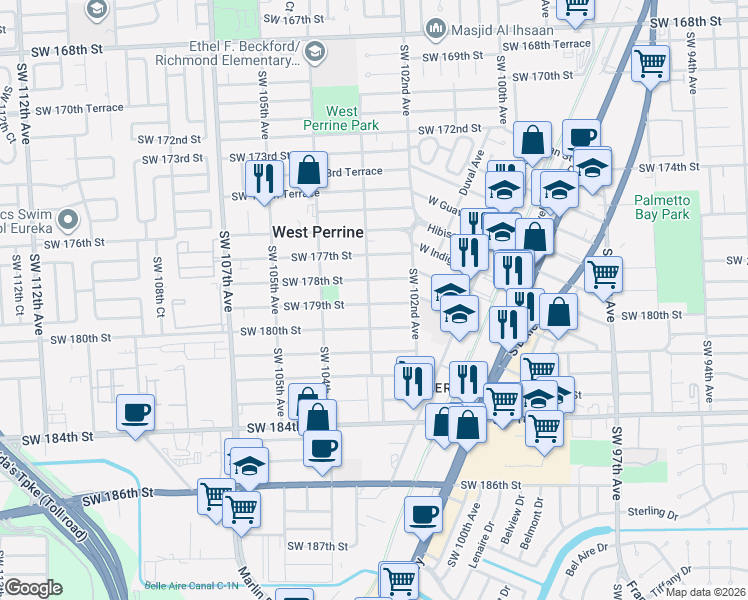 map of restaurants, bars, coffee shops, grocery stores, and more near 10255 Southwest 179th Street in Miami