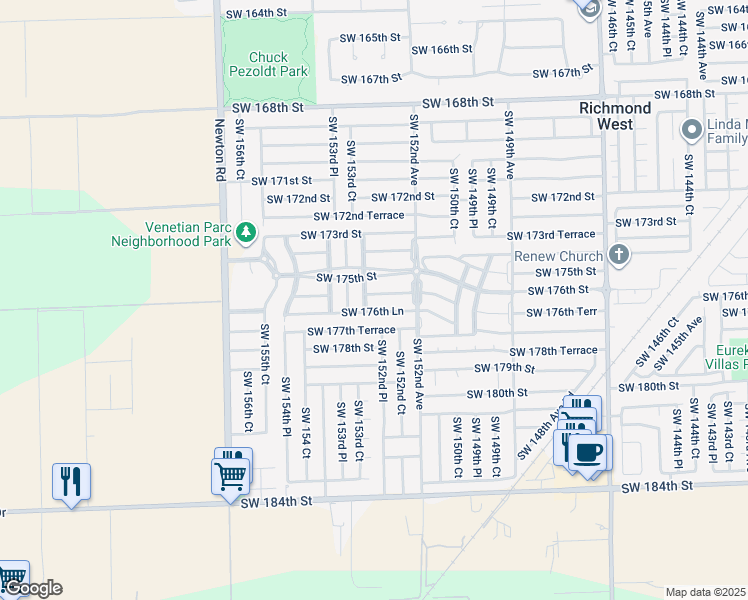 map of restaurants, bars, coffee shops, grocery stores, and more near 17540 Southwest 153rd Court in Miami