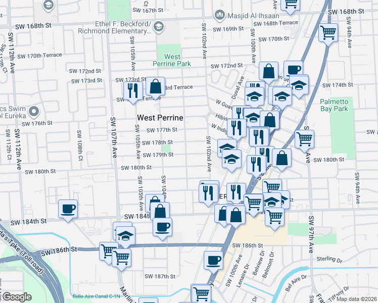 map of restaurants, bars, coffee shops, grocery stores, and more near 10255 Southwest 179th Street in Miami