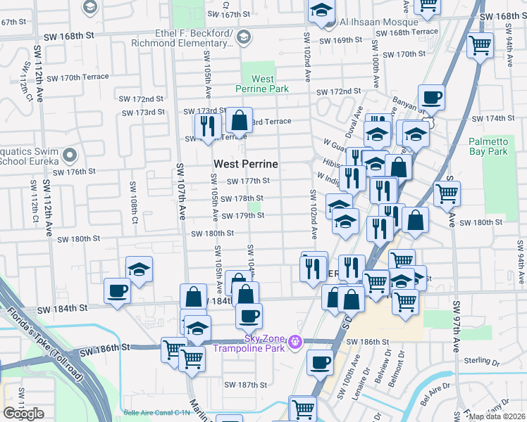 map of restaurants, bars, coffee shops, grocery stores, and more near 10331 Southwest 179th Street in Miami
