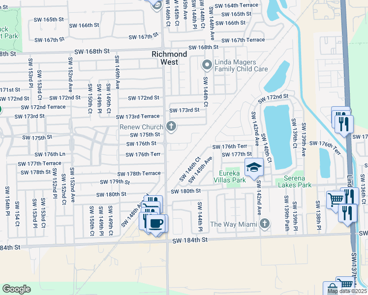 map of restaurants, bars, coffee shops, grocery stores, and more near 17607 Southwest 146th Avenue in Miami