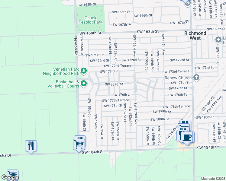 map of restaurants, bars, coffee shops, grocery stores, and more near 17556 Southwest 153rd Court in Miami