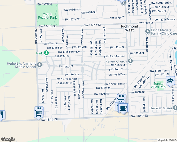 map of restaurants, bars, coffee shops, grocery stores, and more near 15146 Southwest 176th Street in Miami