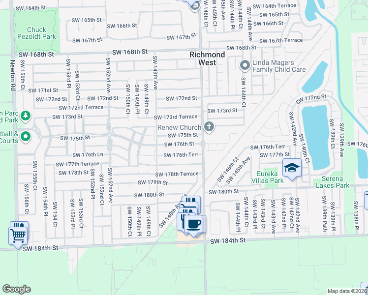 map of restaurants, bars, coffee shops, grocery stores, and more near 14780 Southwest 176th Street in Miami