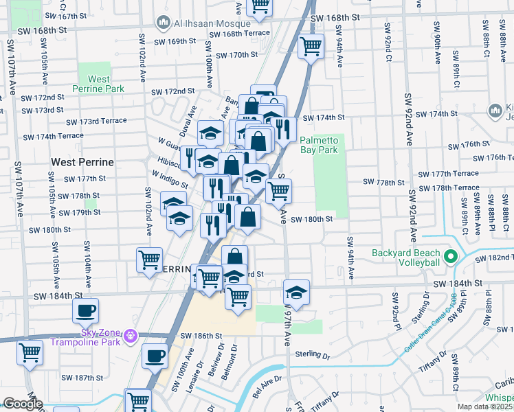 map of restaurants, bars, coffee shops, grocery stores, and more near 9823 Hibiscus Street in Palmetto Bay