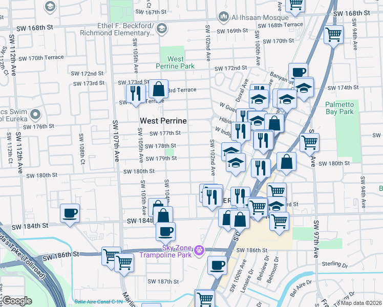 map of restaurants, bars, coffee shops, grocery stores, and more near 10255 Southwest 179th Street in Miami