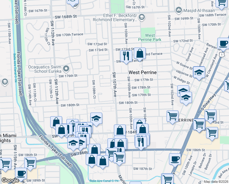 map of restaurants, bars, coffee shops, grocery stores, and more near 17820 Southwest 107th Avenue in Miami