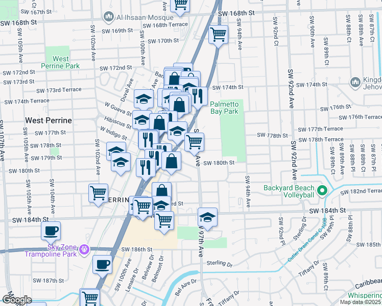 map of restaurants, bars, coffee shops, grocery stores, and more near 9732 Hibiscus Street in Palmetto Bay