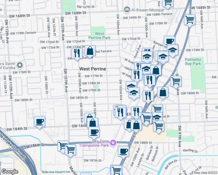 map of restaurants, bars, coffee shops, grocery stores, and more near 10255 Southwest 179th Street in Miami