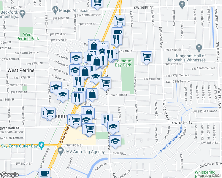 map of restaurants, bars, coffee shops, grocery stores, and more near 17917 Franjo Road in Palmetto Bay