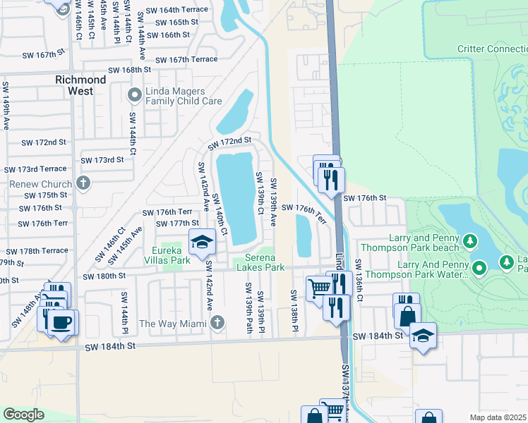 map of restaurants, bars, coffee shops, grocery stores, and more near 13905 Southwest 176th Lane in Miami