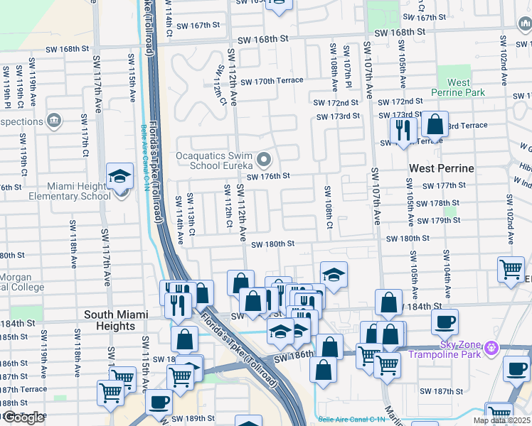 map of restaurants, bars, coffee shops, grocery stores, and more near 17800 Southwest 110th Court in Miami