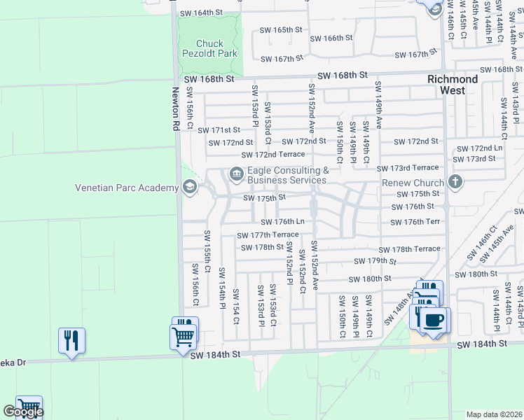 map of restaurants, bars, coffee shops, grocery stores, and more near 17548 Southwest 153rd Court in Miami