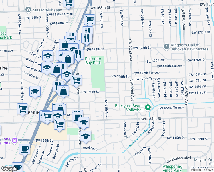 map of restaurants, bars, coffee shops, grocery stores, and more near 9395 Southwest 179th Terrace in Palmetto Bay