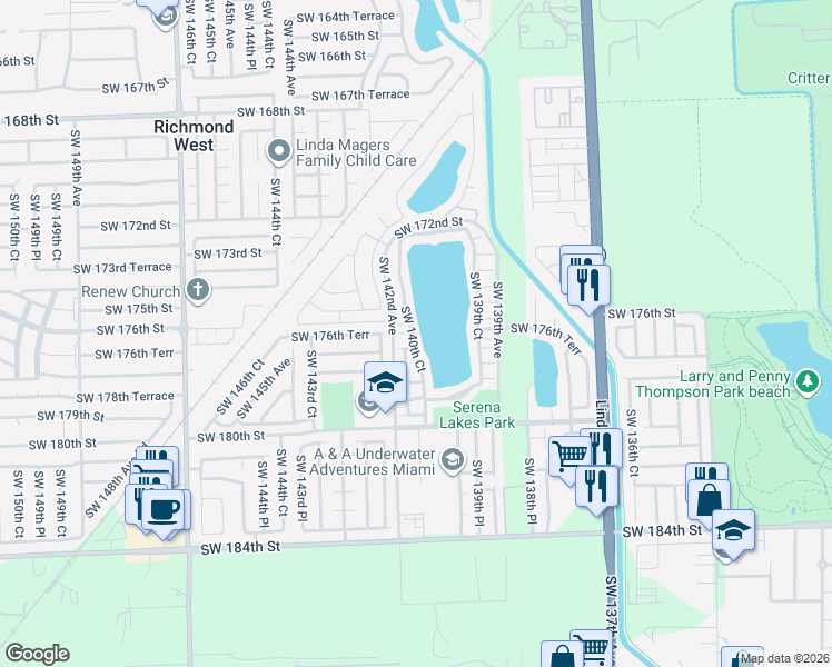 map of restaurants, bars, coffee shops, grocery stores, and more near 17633 Southwest 140th Court in Miami