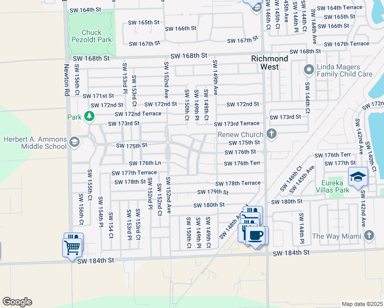 map of restaurants, bars, coffee shops, grocery stores, and more near 17611 Southwest 150th Court in Miami