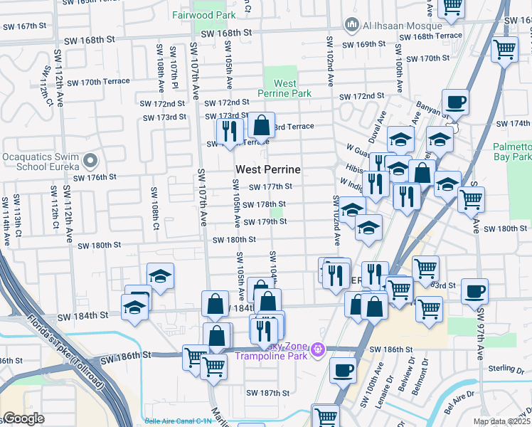 map of restaurants, bars, coffee shops, grocery stores, and more near 17820 SW 104th Ave in Miami