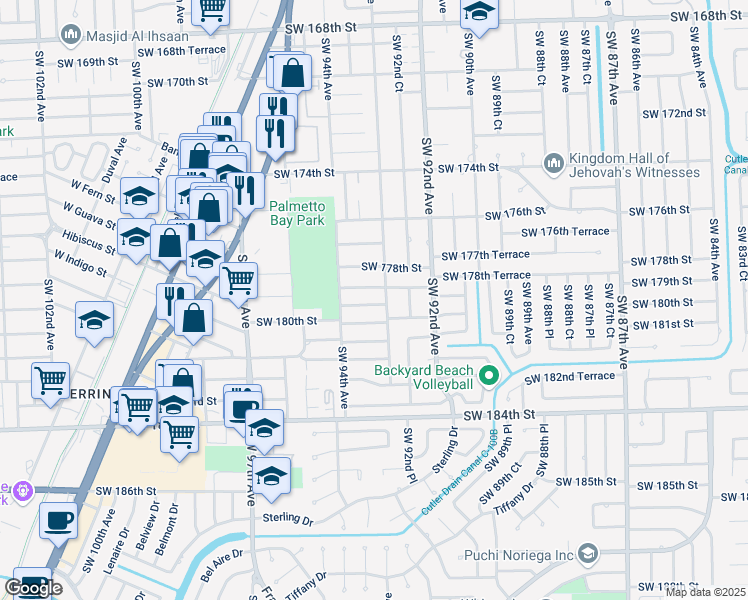 map of restaurants, bars, coffee shops, grocery stores, and more near 9325 Southwest 179th Terrace in Palmetto Bay