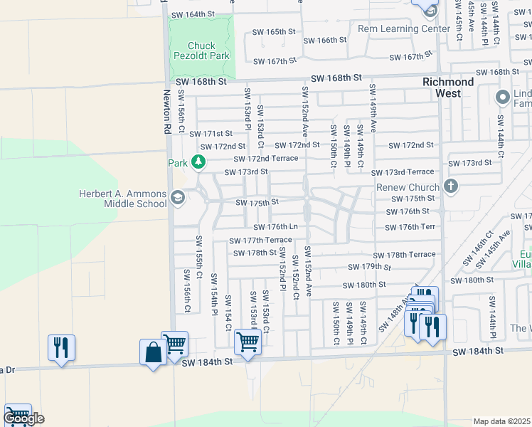 map of restaurants, bars, coffee shops, grocery stores, and more near 17540 Southwest 153rd Court in Miami