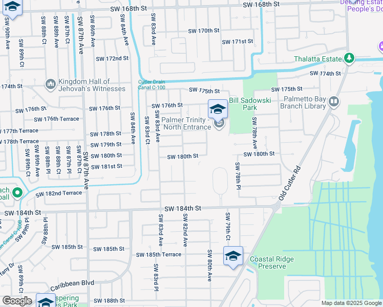 map of restaurants, bars, coffee shops, grocery stores, and more near 8141 Southwest 180th Street in Palmetto Bay