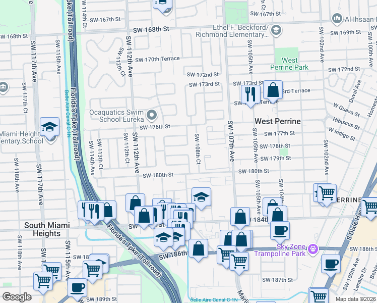 map of restaurants, bars, coffee shops, grocery stores, and more near 10901 Southwest 178th Terrace in Miami