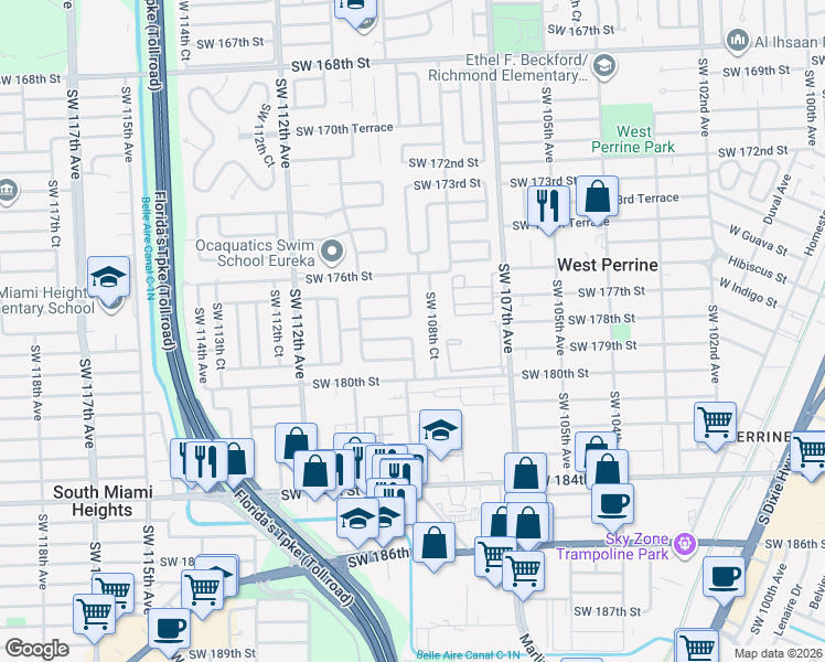 map of restaurants, bars, coffee shops, grocery stores, and more near 10901 Southwest 178th Terrace in Miami