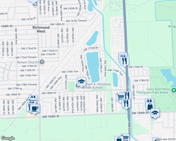 map of restaurants, bars, coffee shops, grocery stores, and more near 17633 Southwest 140th Court in Miami