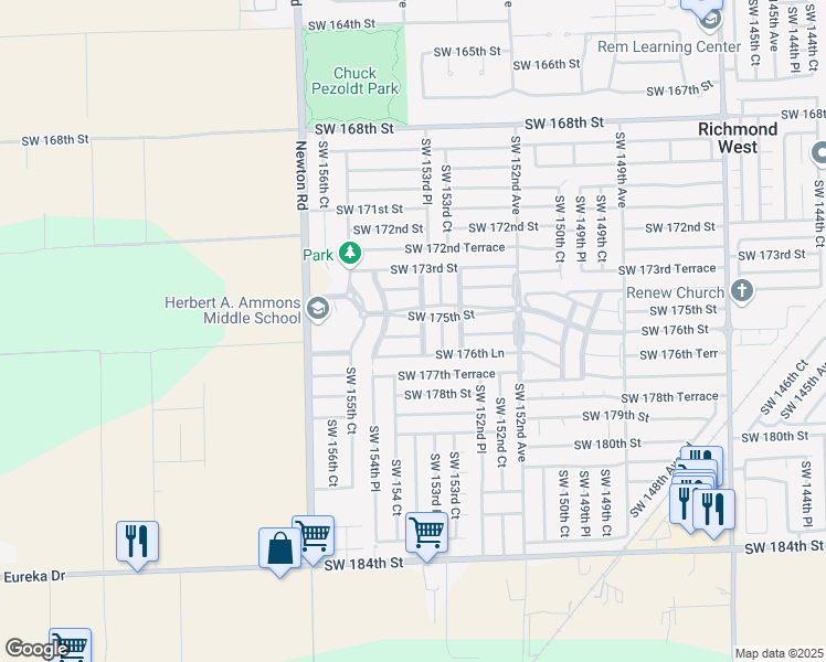 map of restaurants, bars, coffee shops, grocery stores, and more near 15393 Southwest 176th Terrace in Miami