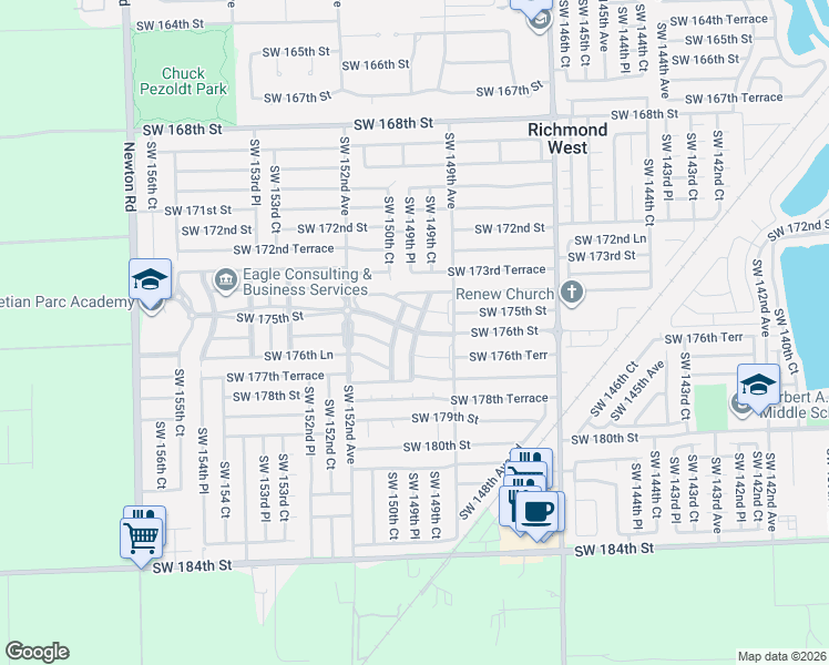 map of restaurants, bars, coffee shops, grocery stores, and more near 17712 Southwest 149th Place in Miami